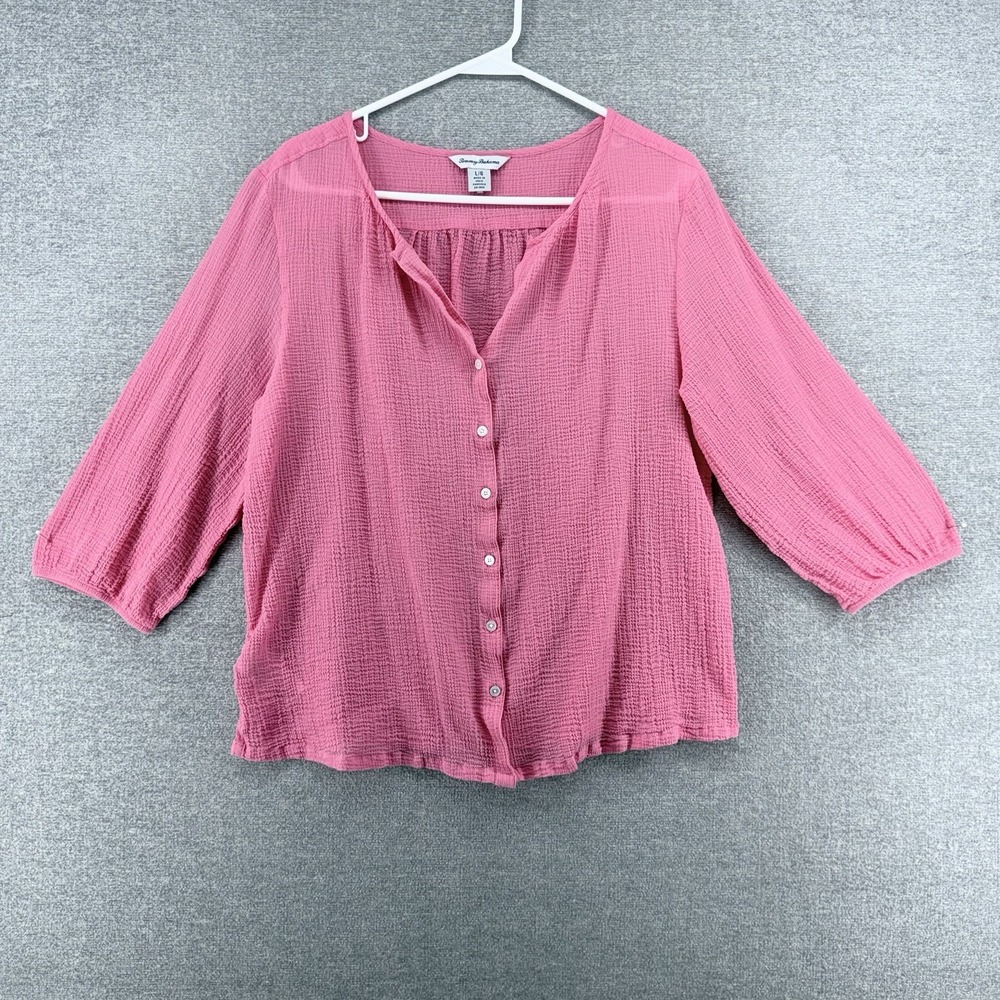 Tommy Bahama 3/4 Sleeve Blouse Top Women Size Large Pink Crinkled Texture Casual
